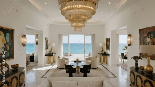 Luxurious living room with ocean view, featuring elegant furniture and modern decor