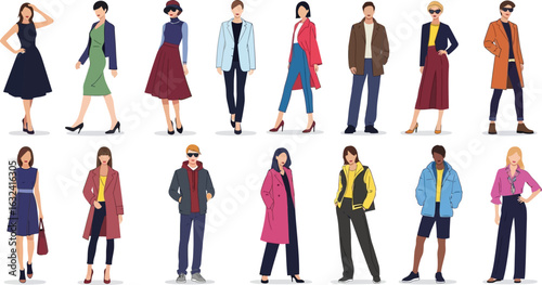Diverse group of people showcasing various fashion styles and clothing on a white background