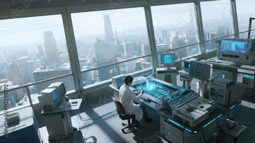 Scientist working with advanced technology in a futuristic laboratory overlooking a cityscape