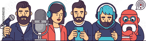 A group of diverse characters with microphones and devices in a cartoon style illustration