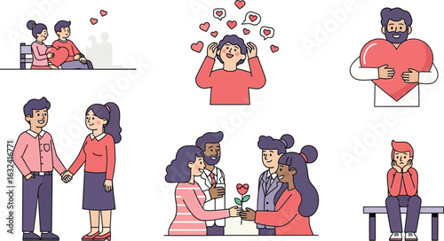Illustrations depicting various stages of relationships including love and loneliness shown in cartoon style