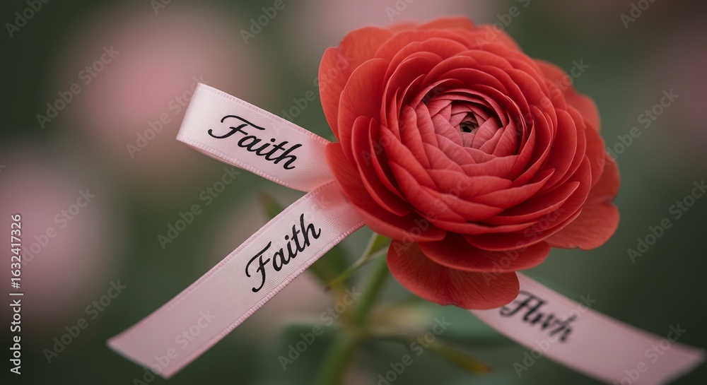 Fototapeta premium Soft light illuminates vibrant red ranunculus tied gently with a faith ribbon. AI Generated