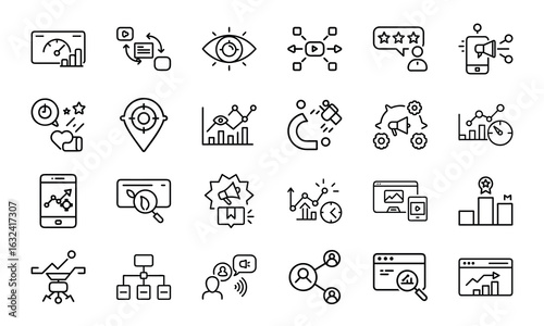 24 SEO and Digital Marketing Line Icons – Analytics, Social Media, Automation, Mobile Ads, Global Marketing, Search Optimization Vector Icon Set for Websites, Apps & Online Business Projects