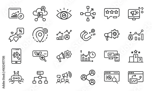 24 SEO and Digital Marketing Line Icons – Analytics, Social Media, Automation, Mobile Ads, Global Marketing, Search Optimization Vector Icon Set for Websites, Apps & Online Business Projects