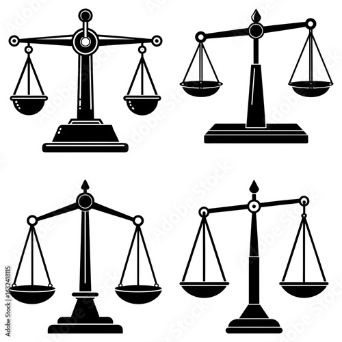 Illustration showing four scales of justice in black and white with different designs and balance positions