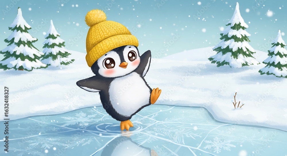 Fototapeta premium Joyful penguin dances playfully on icy pond under soft winter light. AI Generated