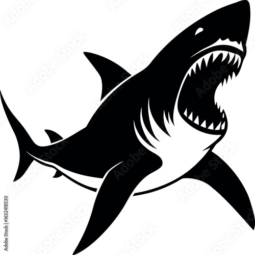 Aggressive shark illustration with sharp teeth and fins