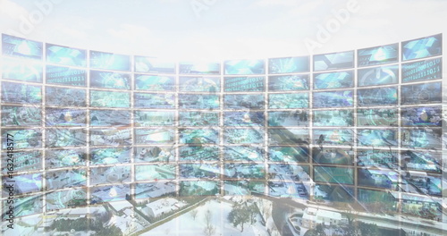 Tableau sur toile Displaying curved monitor wall projecting binary code and globes in control room