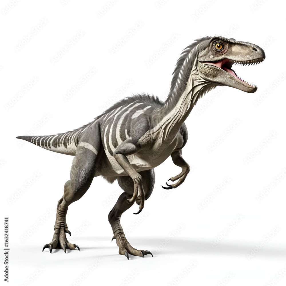Fototapeta premium Running Velociraptor mongoliensis isolated on white background. Theropod dinosaur with feathers from Cretaceous period scientific 3D rendering illustration