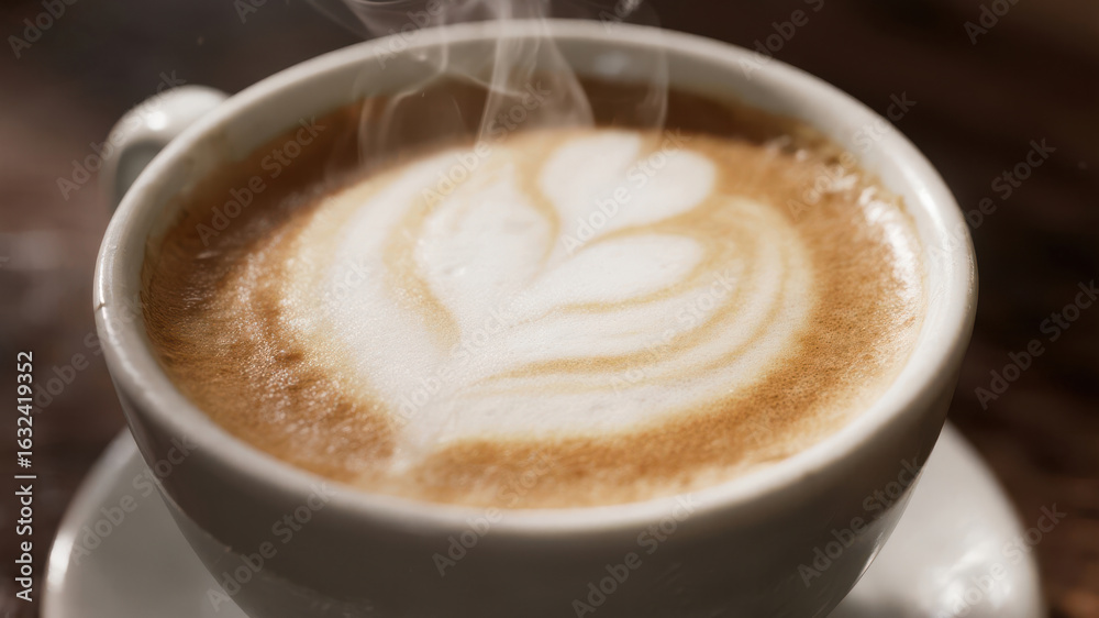 Obraz premium Steaming Cup of Cappuccino with Heart-Shaped Latte Art