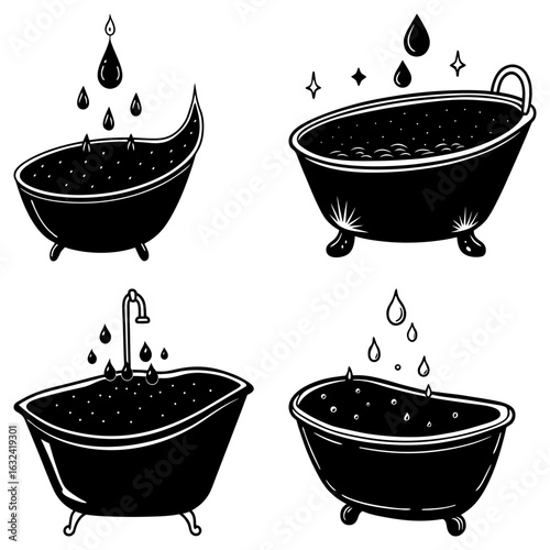 Four black and white bathtubs with water droplets and bubbles in varying styles and orientations