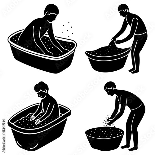 Four illustrations of people in tubs or basins playing with sand or similar granular material
