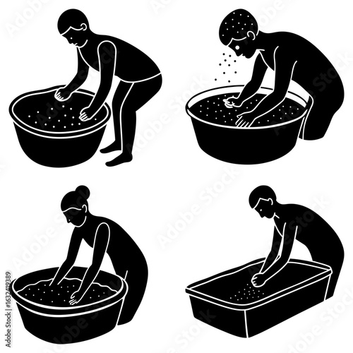 Four illustrations depicting people washing or sifting through materials in various containers and poses