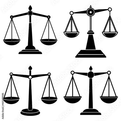 Four stylized black and white scales of justice in various designs and orientations displayed together