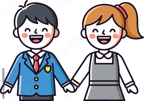 Happy Students Holding Hands in Uniform on a White Background