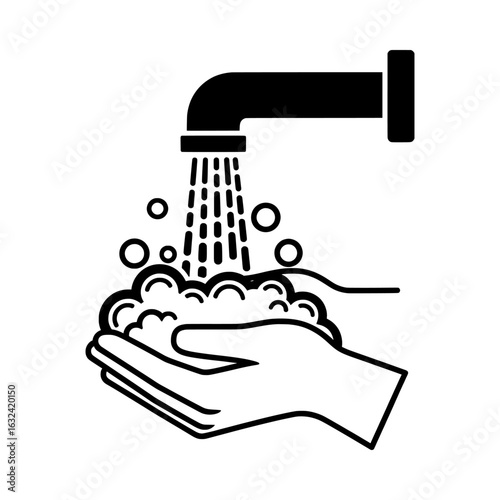 Vector illustration of hand washing with soap under running water isolated on white background