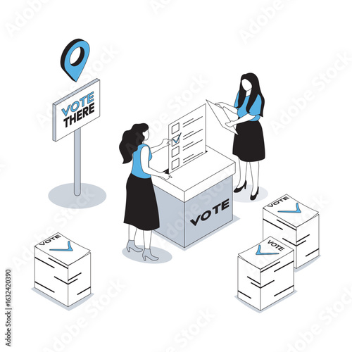 Election and voting 3d isometric concept with isometry people design for web. Voter with paper form going on polling station, putting list in box, supporting political candidate. Vector illustration