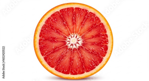 Vibrant red blood orange slice glows brightly against pure white background. AI Generated