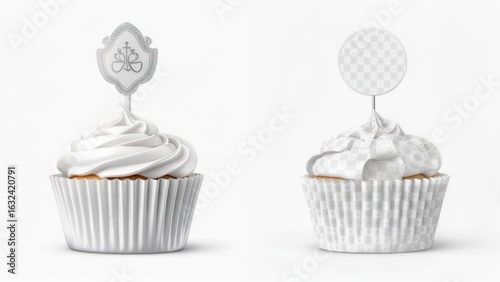 Two white cupcakes with decorative toppers
