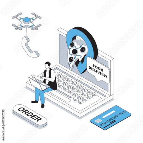 Food delivery 3d isometric concept with isometry people design for web. Man making online order with home shipping in pizza restaurant with best rating, doing credit card payment. Vector illustration