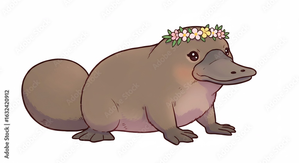 Fototapeta premium Adorable Platypus wearing a floral crown sits peacefully under soft light. AI Generated