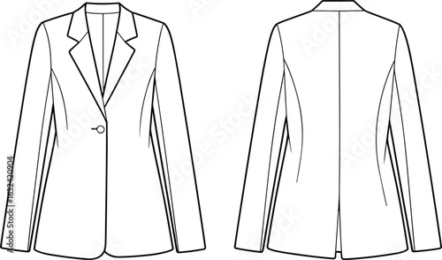 Flat vector CAD drawing of minimalist women’s tailored blazer with notch lapel, single-button closure, princess seams, and back vent