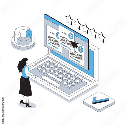 HR process 3d isometric concept with isometry people design for web. Woman searching online best resumes, choosing candidates to job interview, finding employees to contract. Vector illustration