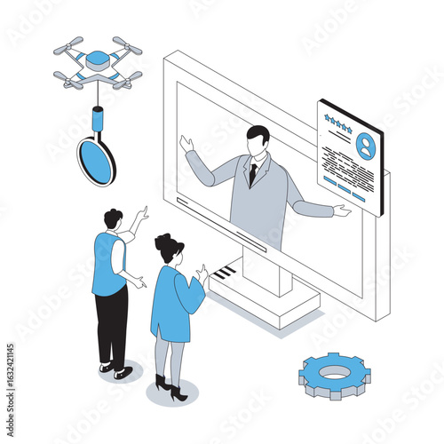 HR process 3d isometric concept with isometry people design for web. Candidates communicating with manager at video job interview, employees get hiring to company contracts. Vector illustration