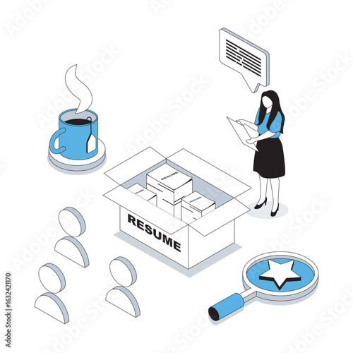 HR process 3d isometric concept with isometry people design for web. Headhunter looking applicants and interviewing candidates, finding and hiring staff in company on vacancies. Vector illustration