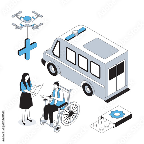 Medicine 3d isometric concept with isometry people design for web. Ambulance car transporting illness patients to hospital, nurse taking care of handicapped man in wheelchair. Vector illustration