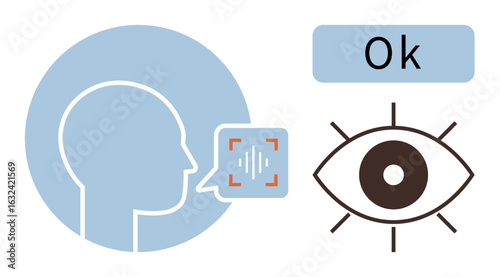 Person emitting sound waves toward audio sensor, linked to an eye for visual confirmation. Ideal for technology, accessibility, communication, UX, interface, AI speech input. Simple flat metaphor