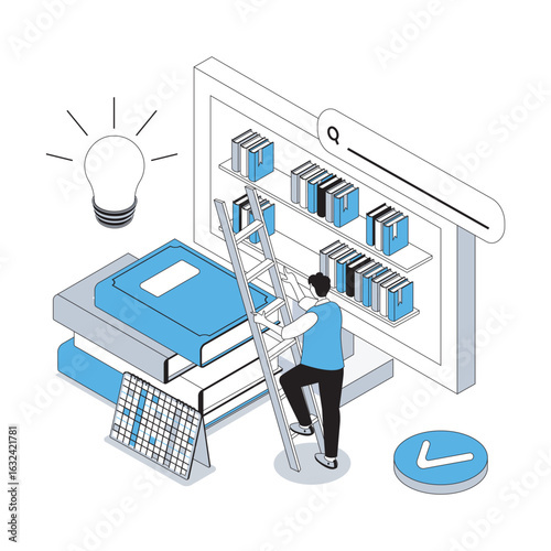 Online education 3d isometric concept with isometry people design for web. Student reading books and textbook in virtual library at computer, studying at e-learning platform. Vector illustration