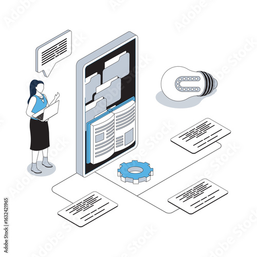 Online education 3d isometric concept with isometry people design for web. Woman reading books and textbook in mobile app, distantly learning with e-books in virtual library. Vector illustration