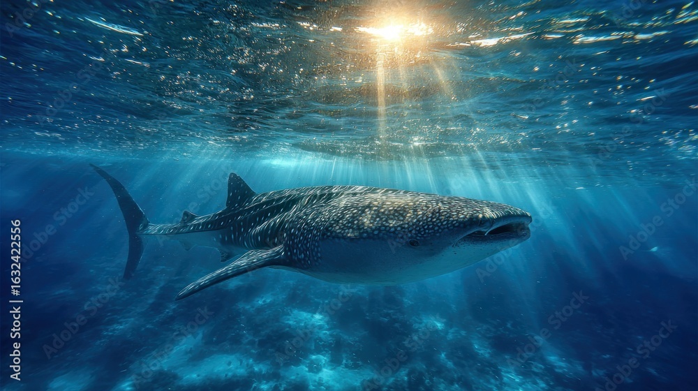 Fototapeta premium Whale shark in sunlit underwater scene