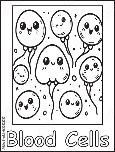 Printable coloring page for kids and adults: Human body anatomy: body parts to color: Kawaii blood cells