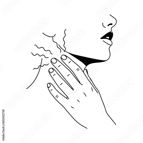 Vector illustration of hand touching neck with sore throat isolated on white background