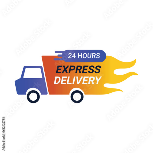 24-Hour Express Delivery Truck Icon with Flames. Express Shipping Concept. Speedy Logistics Symbol. Fast Delivery Vehicle Graphic. Fast & free shipping delivery truck flat icon for apps and websites.