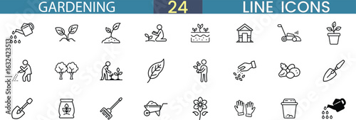 Set of 24 Gardening Line Icons Vector Collection for Horticulture, Landscaping, and Outdoor Activities