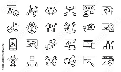 24 SEO and Digital Marketing Line Icons – Analytics, Social Media, Automation, Mobile Ads, Global Marketing, Search Optimization Vector Icon Set for Websites, Apps & Online Business Projects