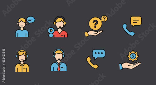 Flat Vector Customer Service Icon Set – Call Center, Support, Help Desk, Communication, and Assistance Symbols in Editable Line Style for Web, App, and Print Design, Modern Minimal Style, Isolated