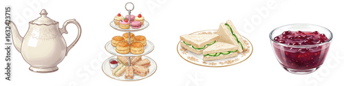 British Afternoon Tea, Set of isolated teapot, tiered stand, sandwiches with cucumber, and jam   