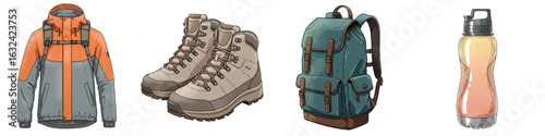 Hiking outfit with jacket, hiking boots, backpack, and water bottle  