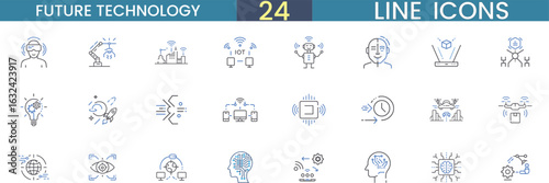 Future Technology Line Icons Set, 24 Blue Vector Icons, AI, Robotics, Smart Devices, Innovation