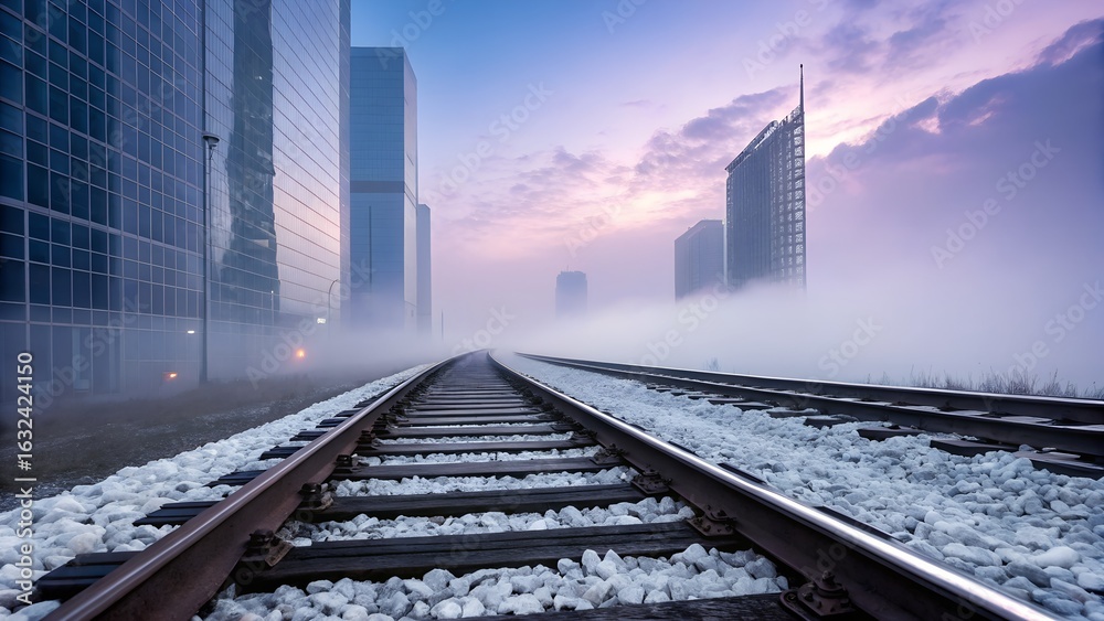 Fototapeta premium Train tracks disappearing into a foggy, atmospheric urban landscape at sunrise, with modern skyscrapers shrouded in mist