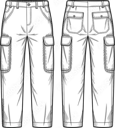 Cargo pants technical drawing, front and back view, multiple pockets, belt loops, button closure, fashion sketch, garment design, clothing template, apparel illustration