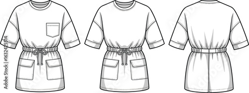 Dress technical drawing, short sleeves, round neckline, cinched waist, drawstring tie, chest pocket, fashion sketch, garment design, clothing template, apparel illustration