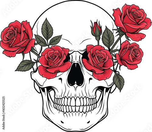 Floral skull with red roses, a symbol of life and death, perfect for gothic themes