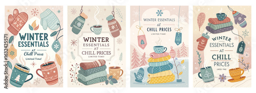 Set of four posters featuring winter essentials with cozy mugs scarves and mittens in soft pastels
