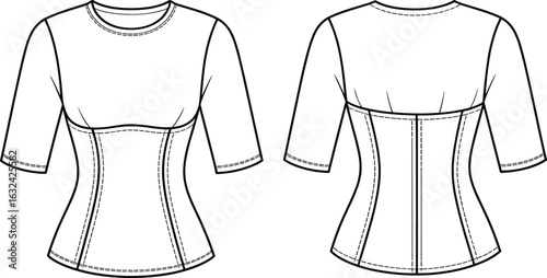 Fitted shirt technical drawing, front and back view, three-quarter sleeves, princess seams, stitching lines, fashion design, garment construction, template
