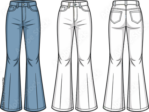 High waist flared pants front and back view, blue jeans, white trousers, fashion illustration, apparel design, clothing template